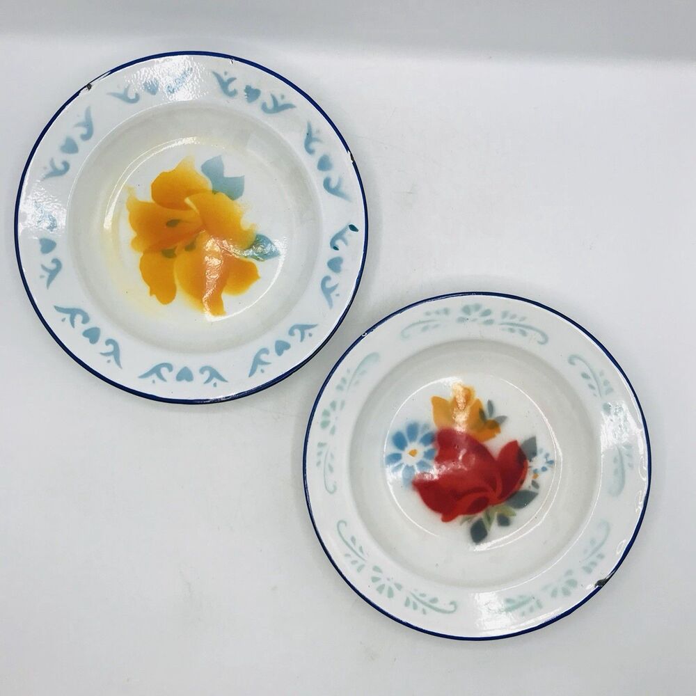 Liu Guan 2 Floral Enamelware 8.5" Rimmed Pasta Soup Salad Bowls Vintage Granny